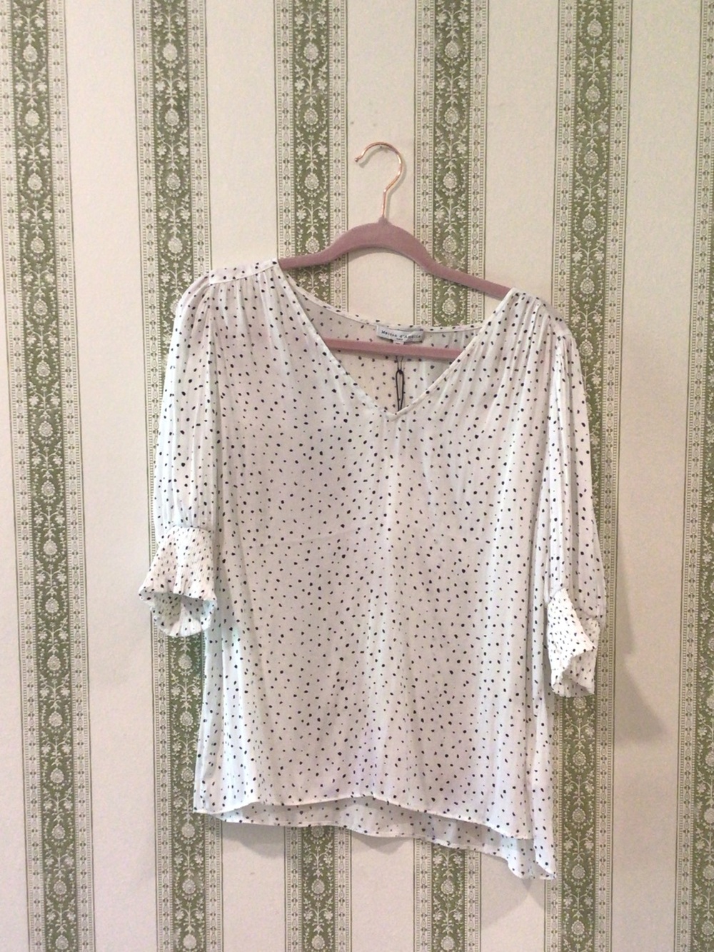 Women’s White V-Neck Dot Print Blouse with Ruffle Sleeves